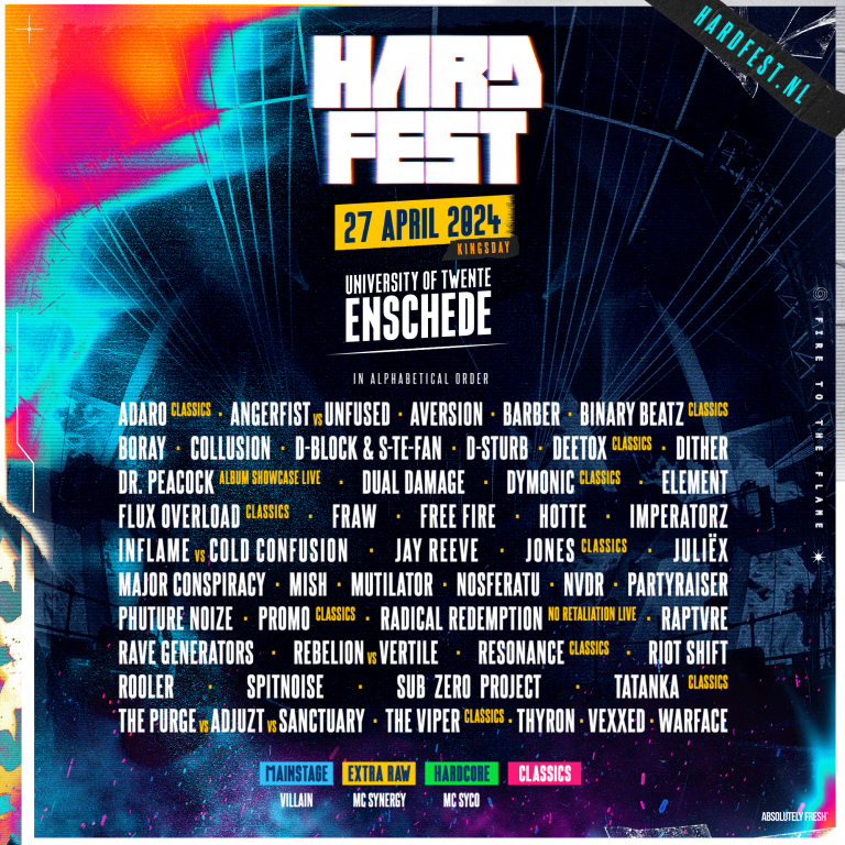 Line up HARDFEST 27 April 2024 Universiteit Twente, Enschede